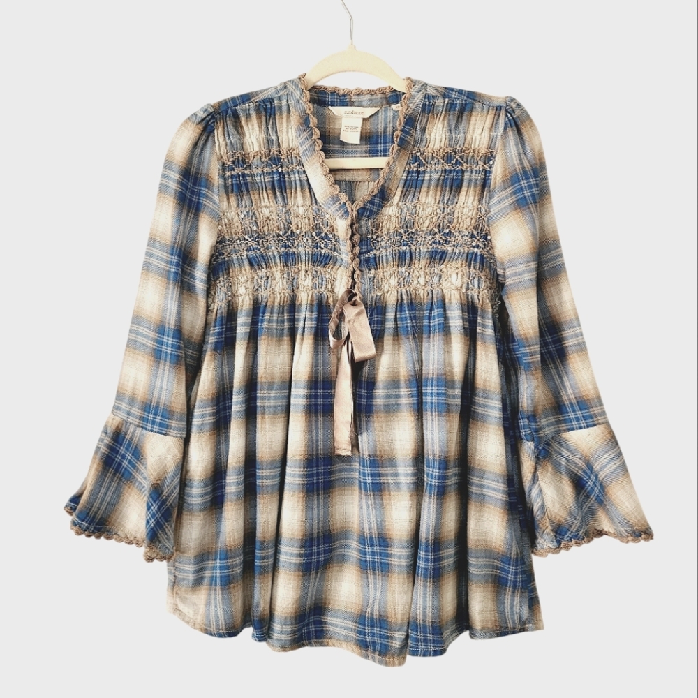 Sundance Fiona Blue Plaid Bell Sleeve Babydoll Top Size XS
